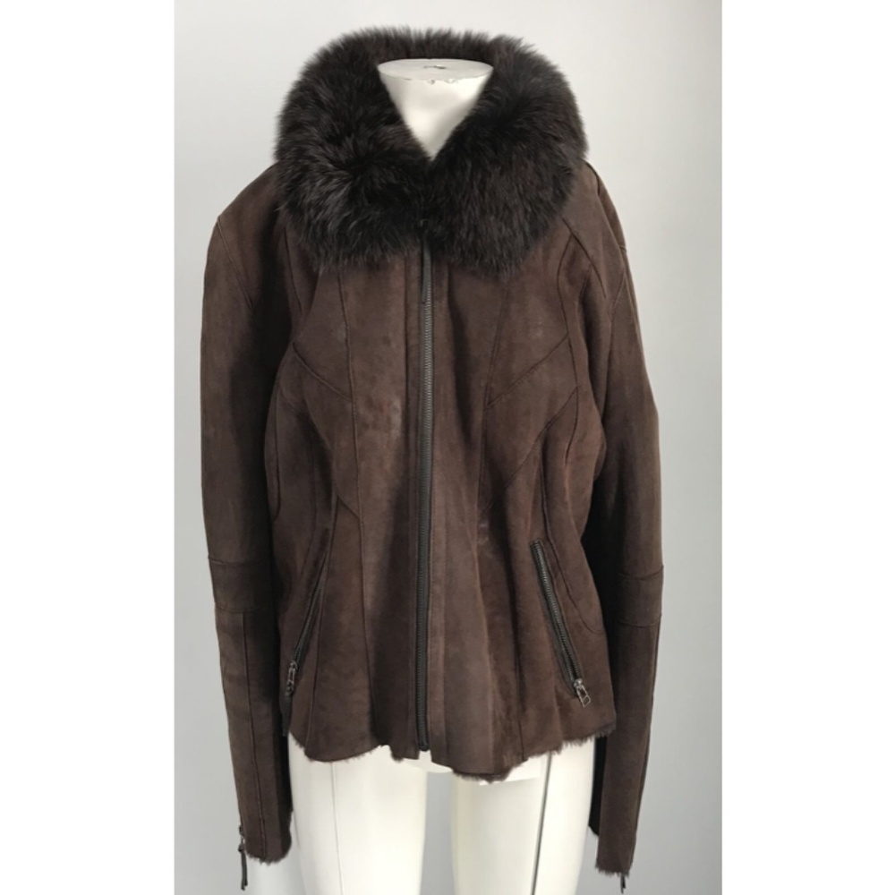 Di Bello womens brown genuine shearling basic jacket fur collar zip up sz M